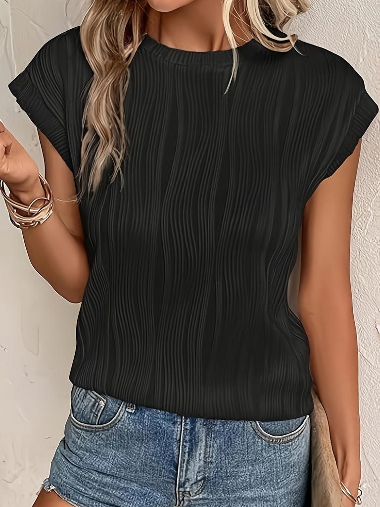 Round Neck Short Sleeved Textured T-shirt Top for Women