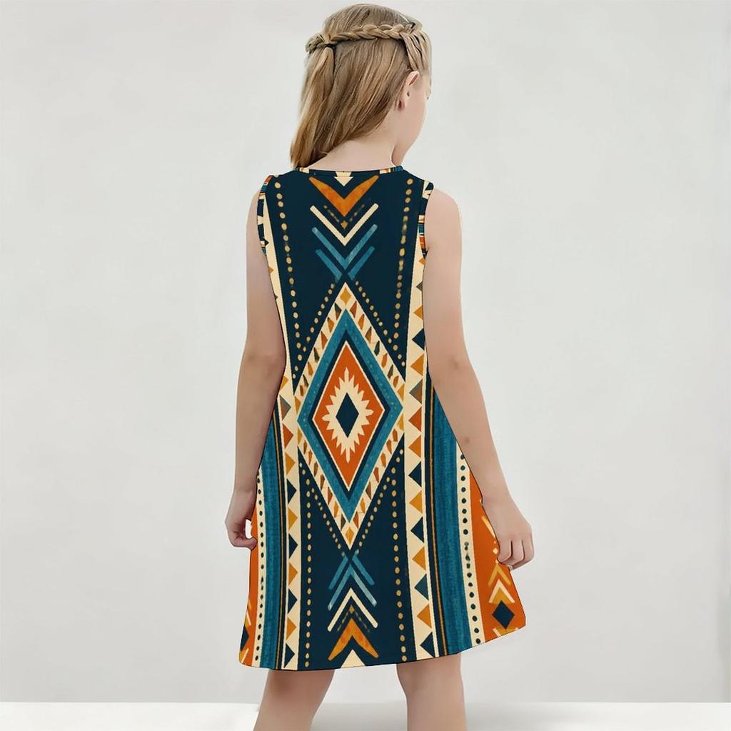 Girls Round Neck Sleeveless Geometric Printed A Line Flared Dress Blue Orange Beige