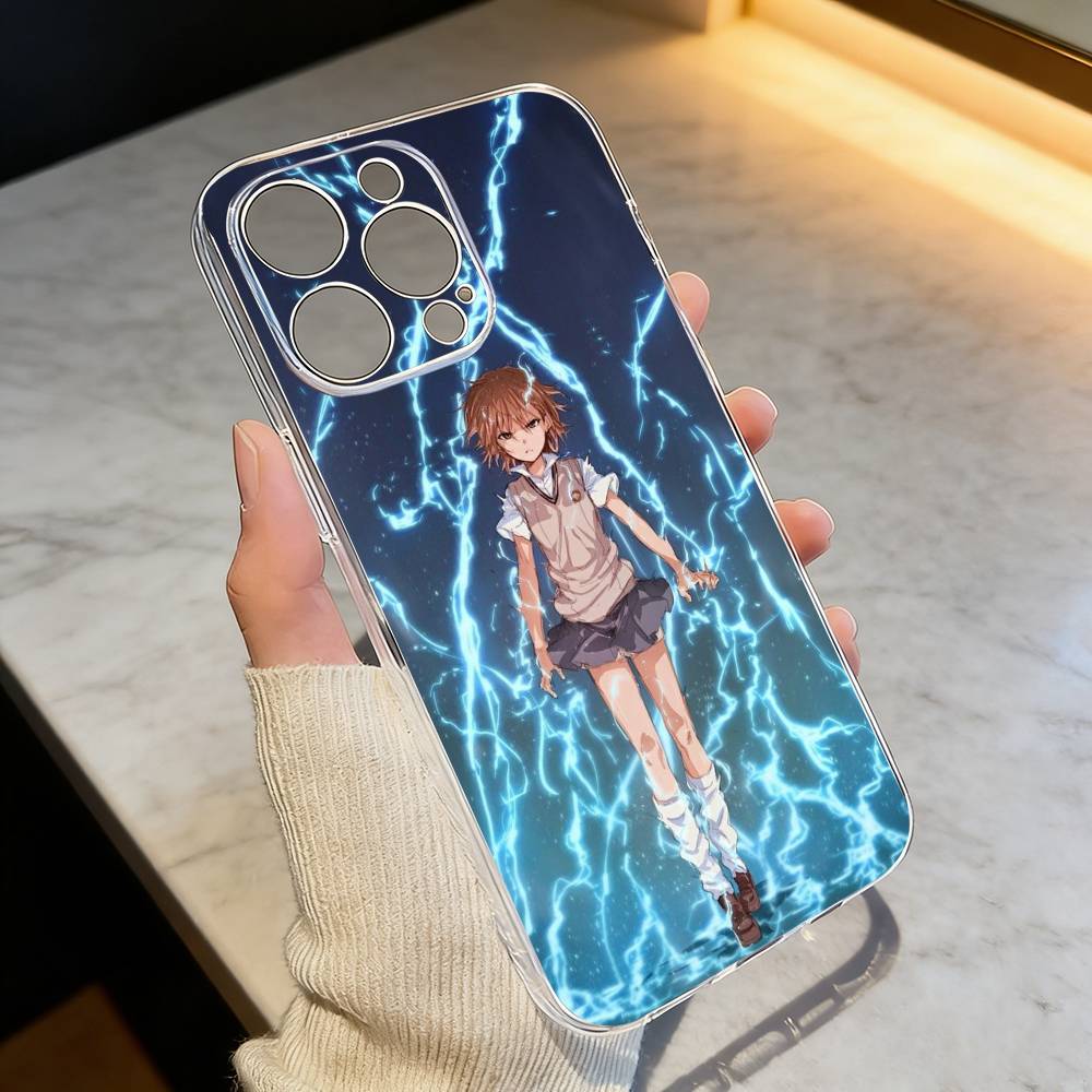 Misaka Mikoto Railgun Electric Warning Style Phone Case For iPhone 17 16 15 14 13 12 11 Mini Pro Max Plus Transparent Cover