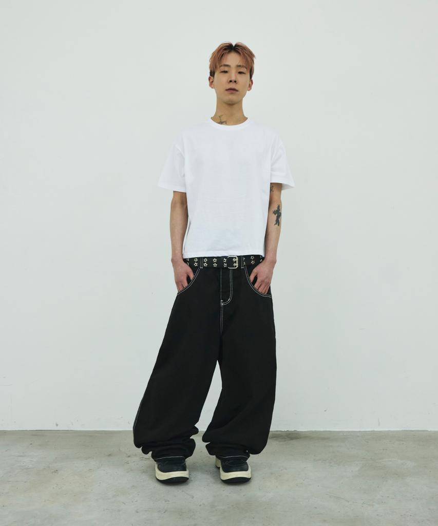 SCALLYWAG Stitch Wide Sagging Cotton Pants [Black]
