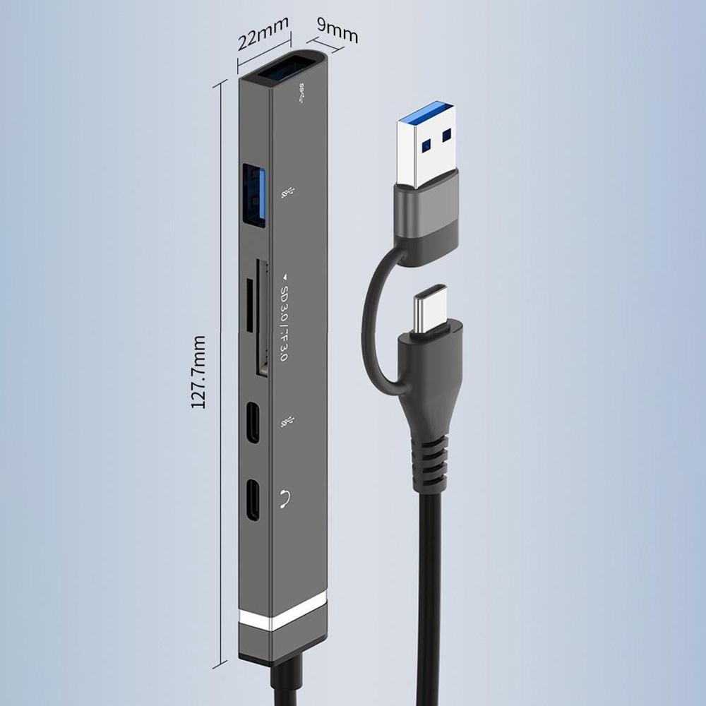 USB + Type-C 6-in-1 Hub Smartphones Tablets Computers Multi-Port Adapter OTG Card Reader