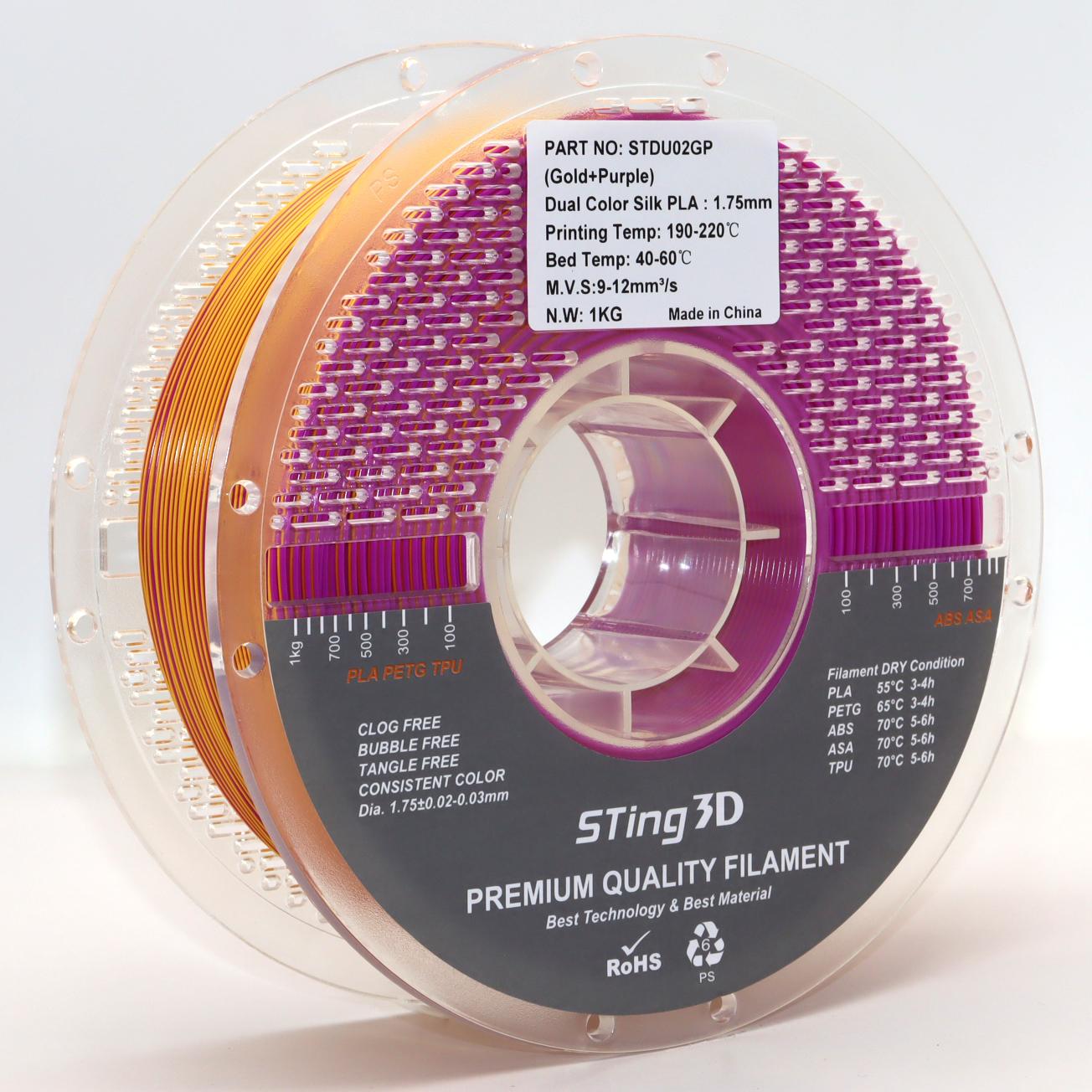 Sting3D OEM Supplier High Quality PLA Silk Dual Color Filament 175mm 1kg FDA Certificate AMS Friendly Plastic Rods
