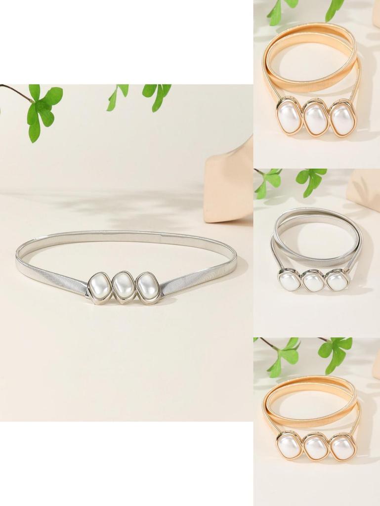 Metal Spring Waist Belt For Women Elegant Fashionable Chain Link With Faux Pearl Accents