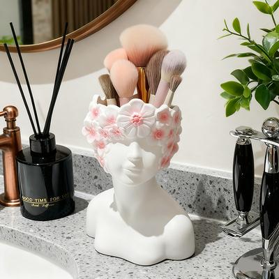 Estilo Nórdico Garota Segurando o Rosto Cilindro de Armazenamento para Pincéis de Maquiagem Tanque de Armazenamento para Cômoda Fashion Caixa de Armazenamento para Pincel de Sobrancelha Caneta Delineadora