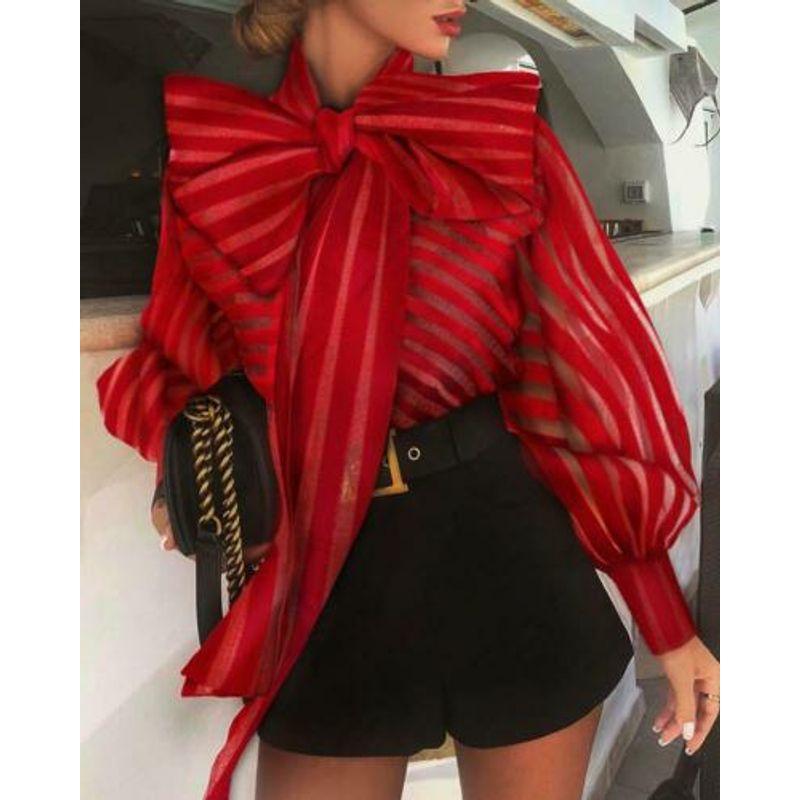 

New Big Bowknot Black Red Shirt Female Big Bow Black and Red Shirt Red XL
