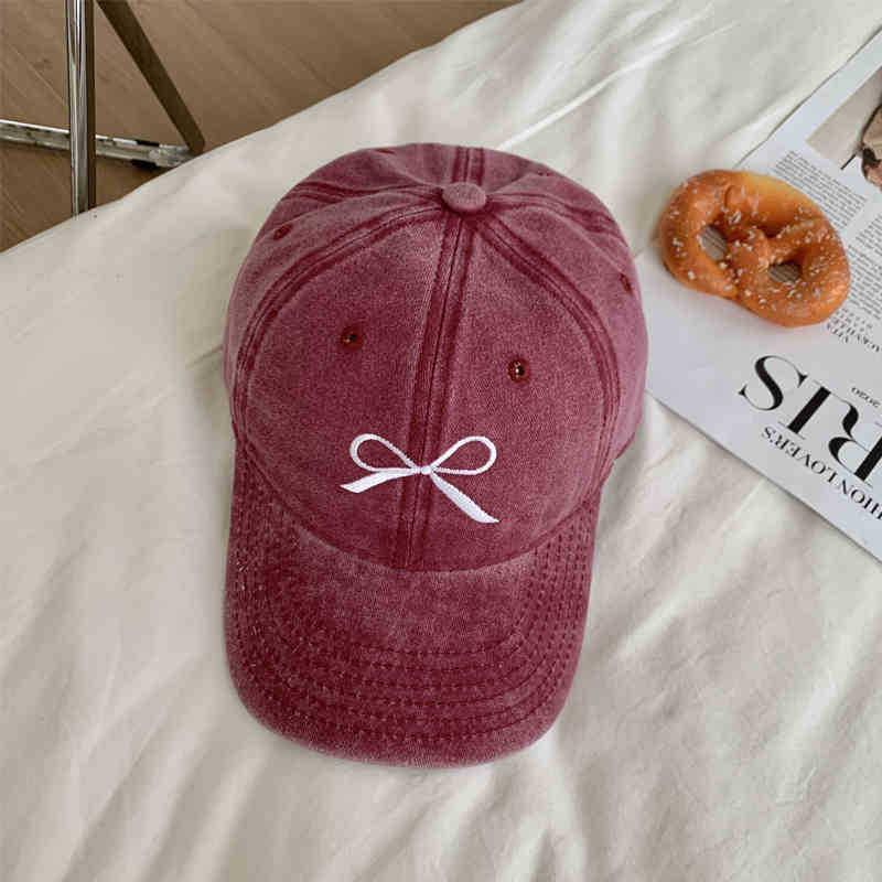 Korean-style vintage washed distressed bow baseball cap for women, new summer hat, gray American-style duckbill cap