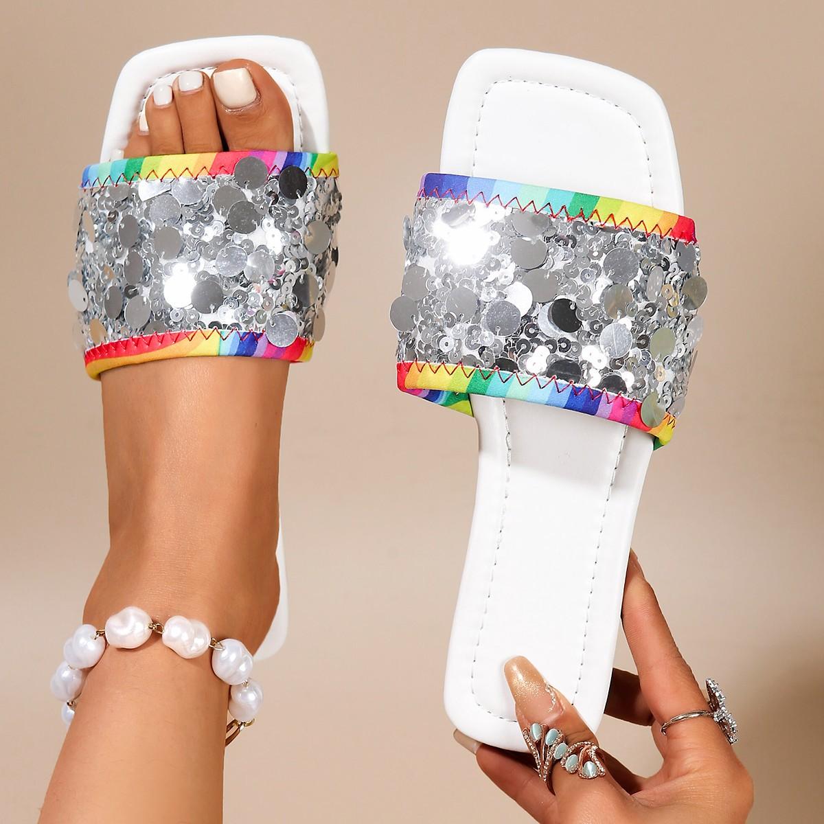 

Flat-bottomed sequined cool slippers women s summer new square head wear large size 44 one-word slippers 35