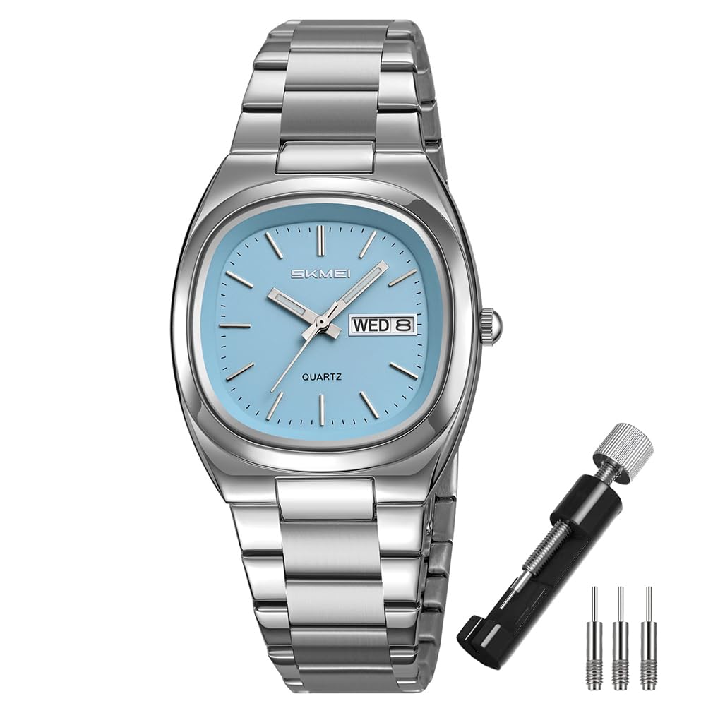 

SKMEI Square Wristwatch for Women: Simple, Stylish, Waterproof, Stainless Steel, Quartz, with Date and Day Display, High-End Gift, Silver Blue.