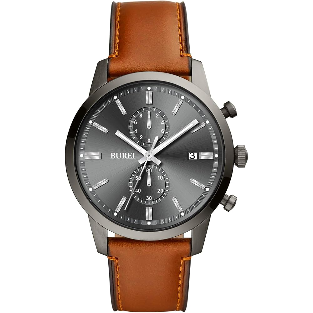 BUREI Men s Analog Quartz Watch Brown Leather Strap Waterproof Lightweight Casual Business Watch