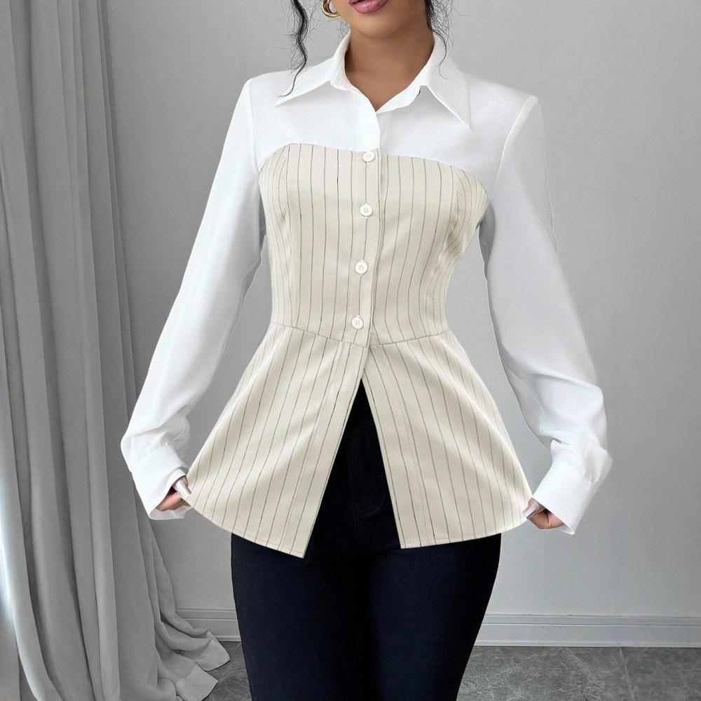 Women's Color Block Long Sleeve Shirt Casual Striped Detail Button Down Blouse