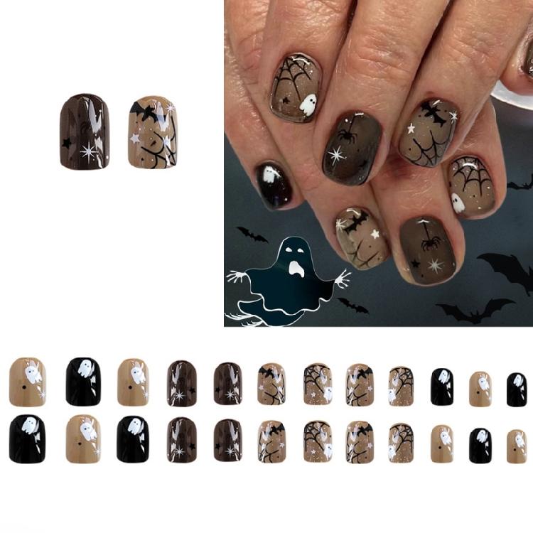 Halloween Nail Art Set 24PCS Cobweb Details And Shimmering Bat Motifs Press On Short Nails