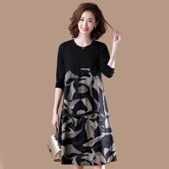 Plus Size Long Sleeve Midi Dress for Spring and Autumn - Loose Fit, Belly Cover, 200 Lbs Capacity