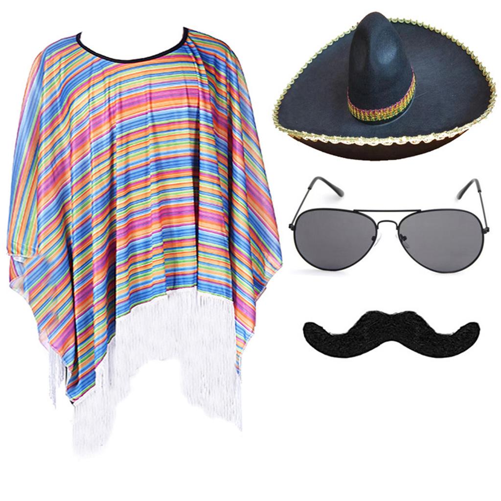Mexicans Party Outfit for Kids Adult with Poncho Cape Sombrero Hat Sunglasses Maracas and Mustache for Interactive Fun