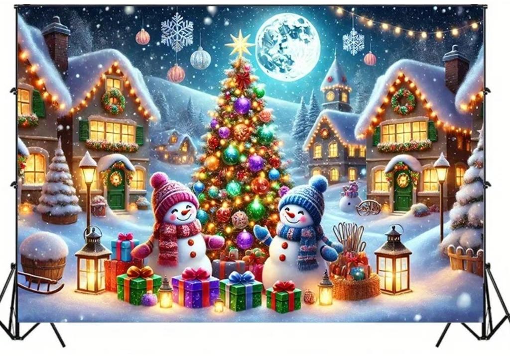 Christmas Snowman Village Christmas Tree Theme Banner Background Christmas Party Home Decoration Photography Background Cloth