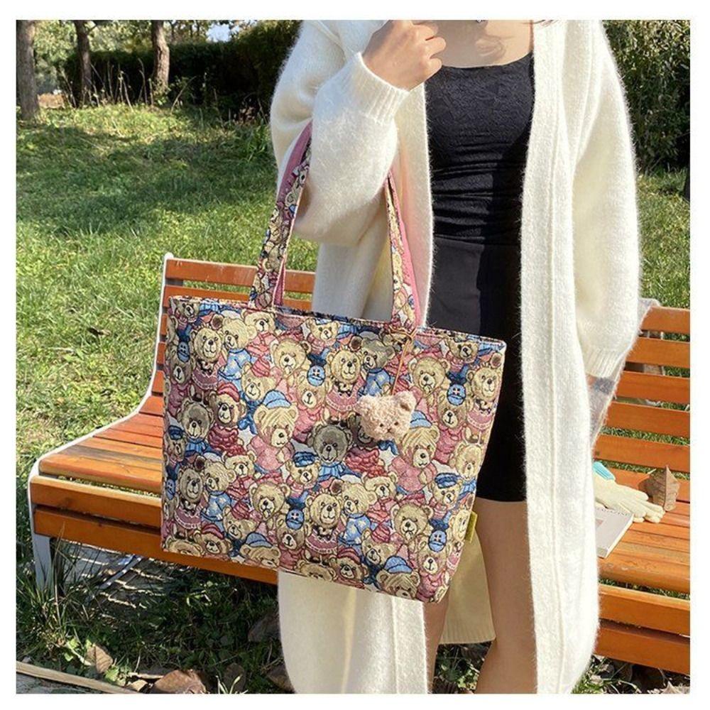New Portable Handbag Cartoon Bear Pattern Large Capacity Shoulder Bag Casual Tote Bag Handbag Student Shoulder Bag