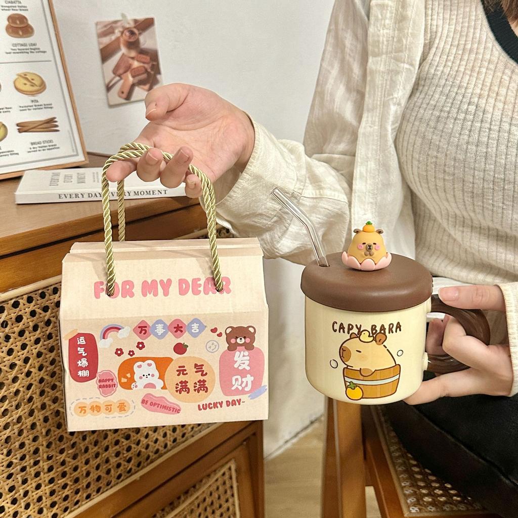 Ceramic Cup with Lid and Straw Water Cup Cute Kapibala Mug High Looking Girl's Home Coffee Cup