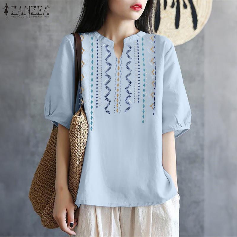 ZANZEA Women Casual V-Neck Summer Short Sleeve Print Blouse