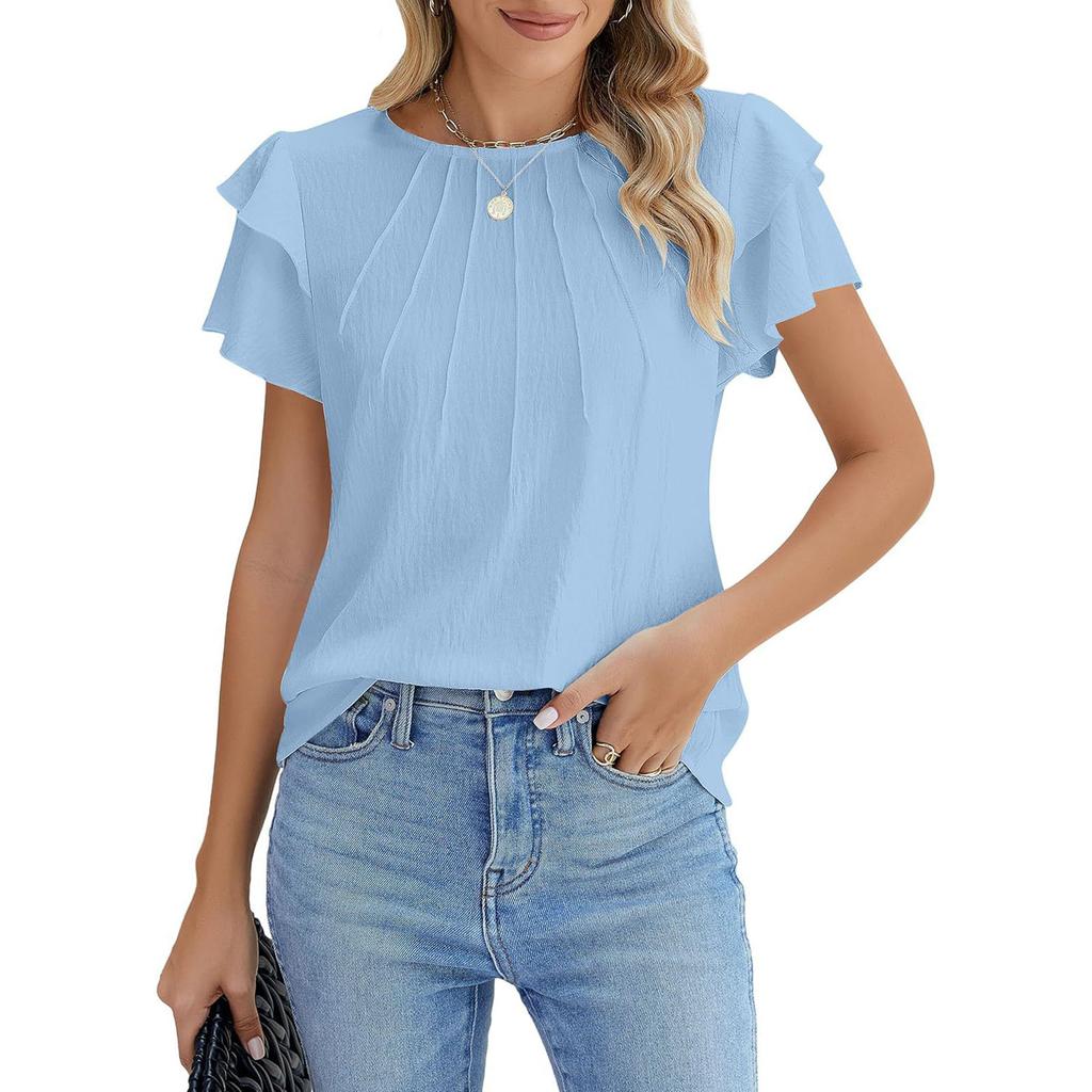 Damenmode Locker geschnitten Rundhals Falten Pullover T-Shirt Kurzarm Top