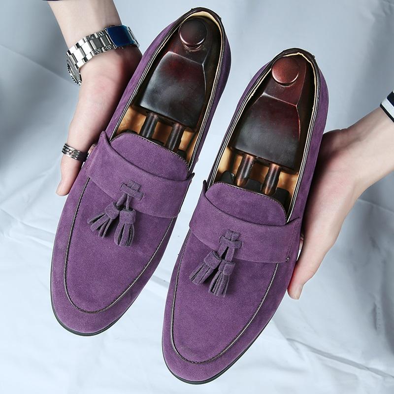 Trendy New Purple Brown Tassel Loafers New Men's Pointed Suede Leather Shoes Designer Formal Wedding Dress Homecoming Footwear