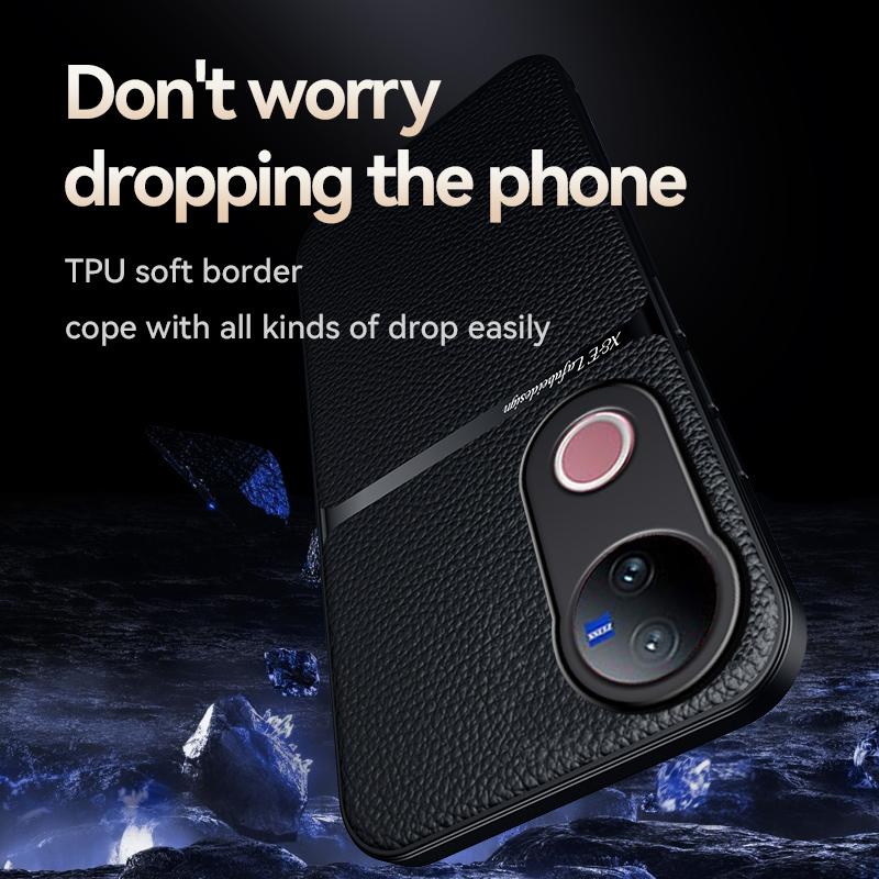 For VIVO V50 Leather Texture Built-in Magnetic TPU Soft Edge Anti-drop Anti-fingerprint Phone Case