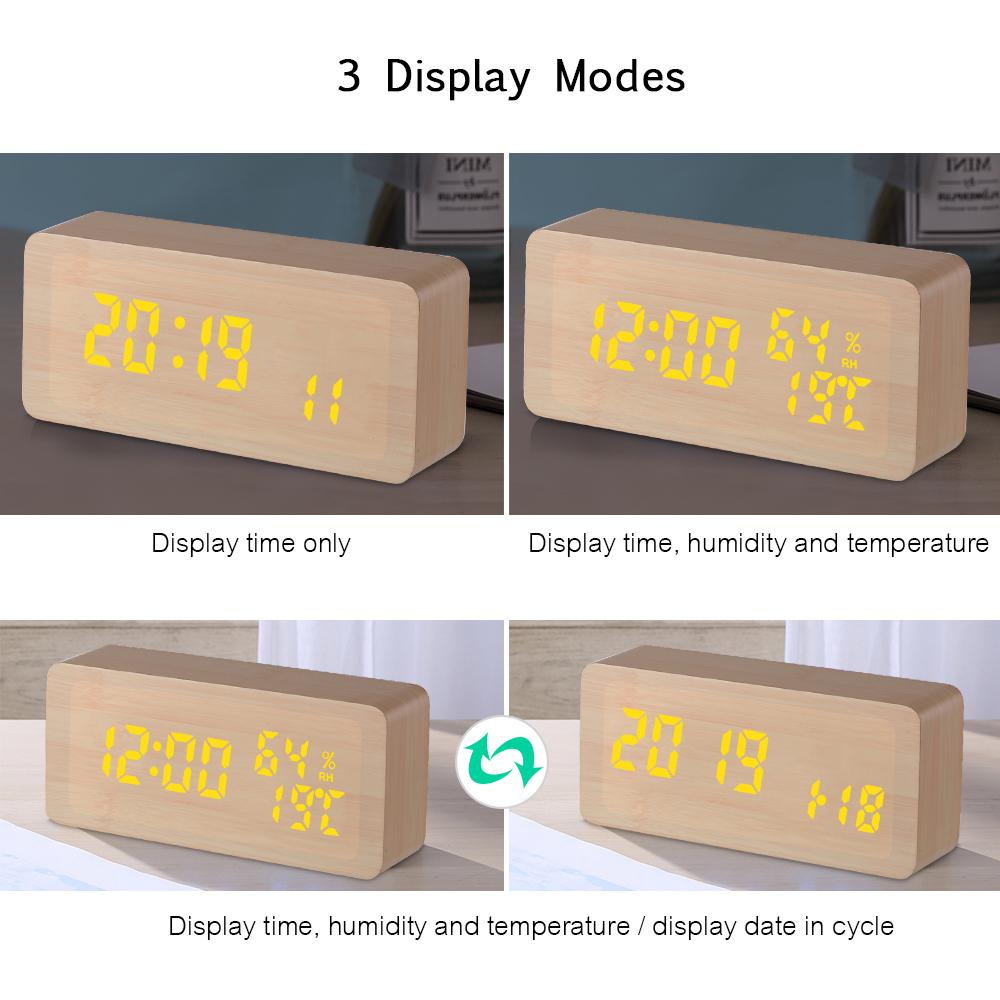 Wooden Alarm Clock 115-Colored Time/ Humidity/ Temperature/ Date Display Wood LED Digital Desk Clock Adjustable Brightness Voice Control Snooze