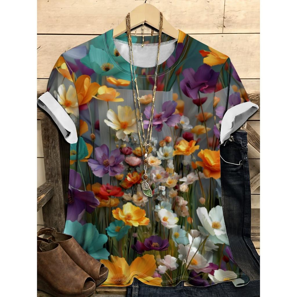 Letní dámské tričko s kulatým výstřihem, květinovým vzorem a 3D potiskem, módní, ležérní, s krátkým rukávem