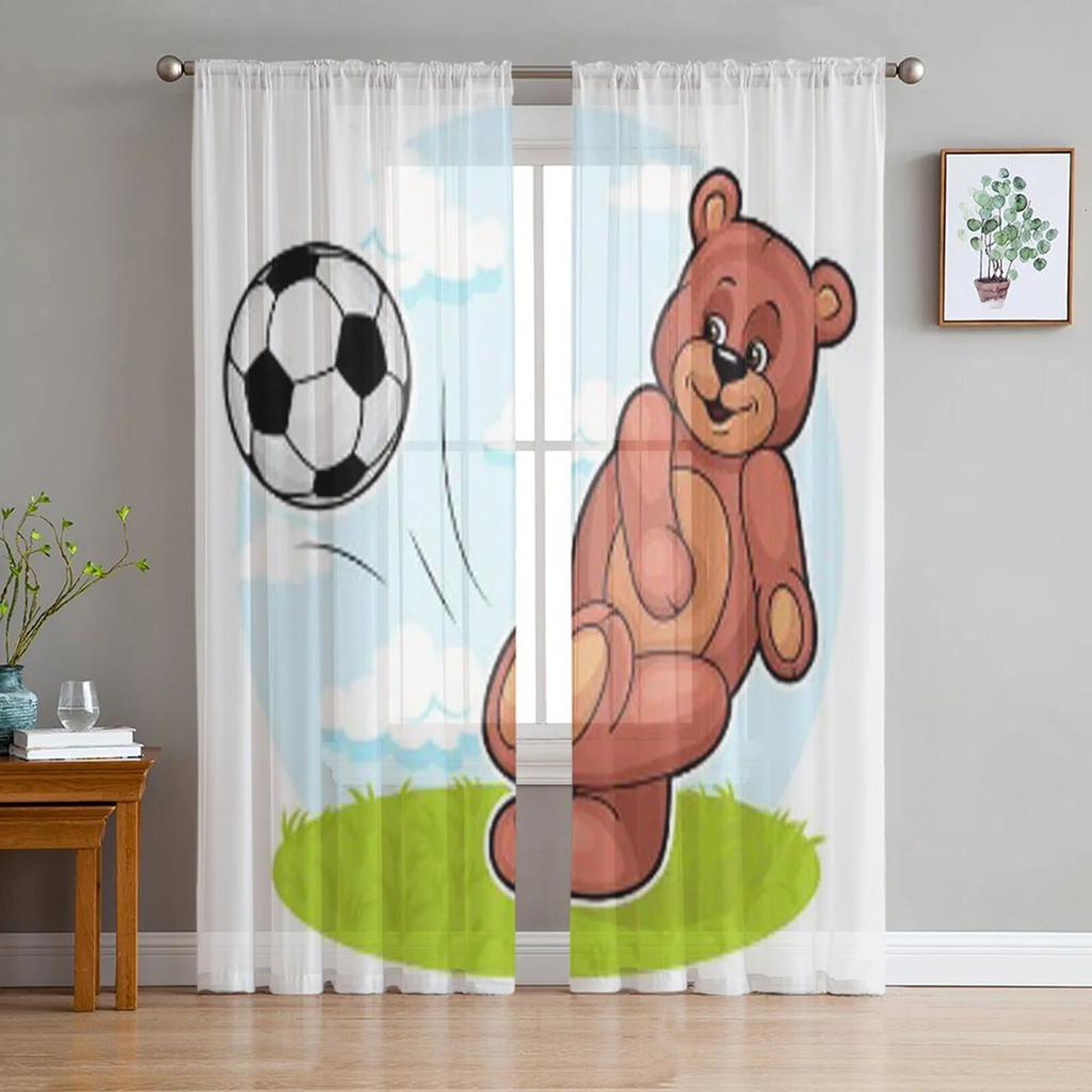 Niedlicher Cartoon-Bär und Fußball, transparente Vorhänge für Schlafzimmer, Wohnzimmer, Tüll-Vorhänge für Küche, Fenster, Voile-Vorhänge