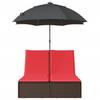 Double Sun Lounger with Cushions & Sun Umbrella Brown Poly Rattan