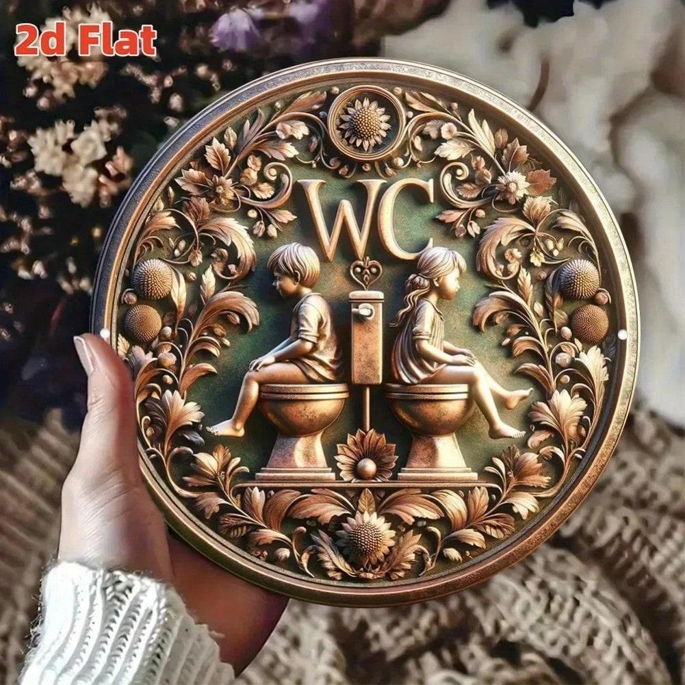 Vintage Round Aluminum WC Wall Art Children Floral Decor Home Cafe