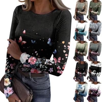 Damski T-shirt Slim Fit Modny Casualowy z Nadrukiem Gradientowym Okrągły Dekolt Pulower Długi Rękaw Top