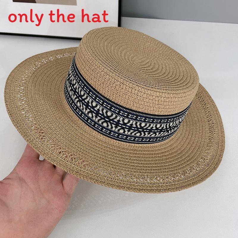 

Bohemian Style Flat Top Straw Hat With Wide Brim For Summer Beach Sun Protection хакі