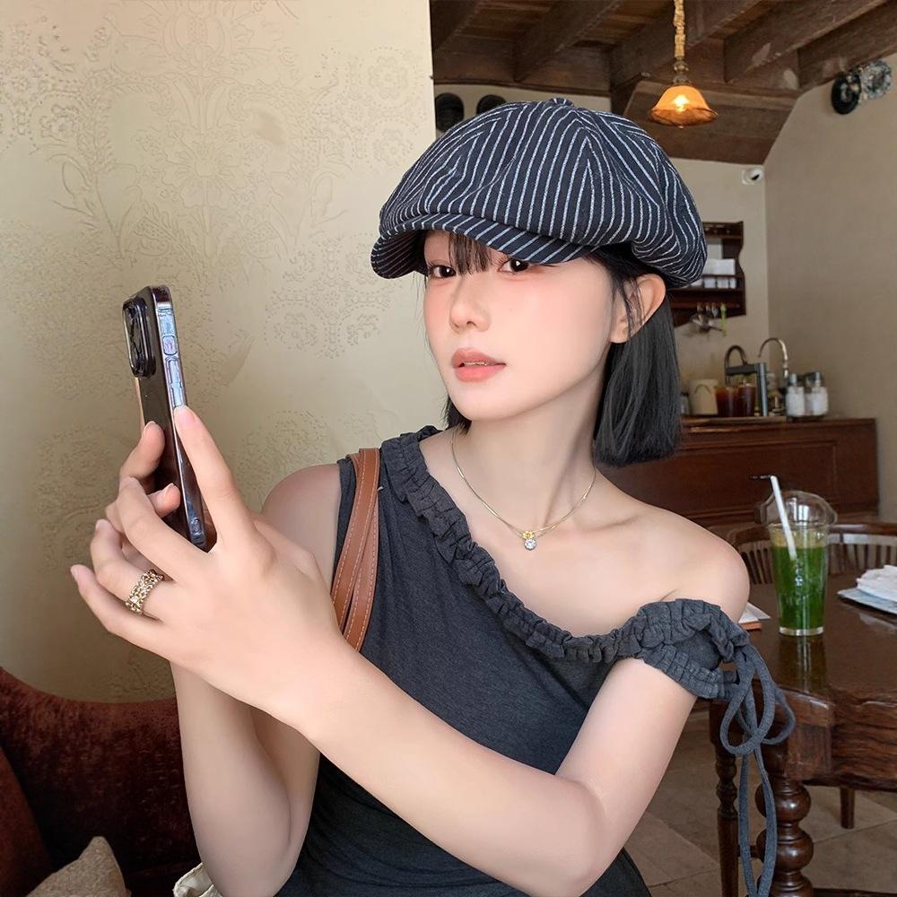 Japanese styleretrostripesartsy beret women's small face breathable sunshade sunscreen big head circumference octagonal hat trendy