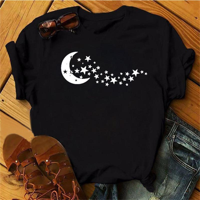 Maycaur Woman Star Moon Print Harajuku Summer Tshirts Casual Round Neck Short Slee Top Tee Shirt Women Black T-shirt Drop Ship