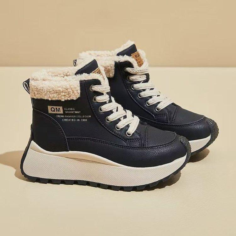 Women Leather Thick Sole Ankle Snow Boots Winter Plush Thickened Warm Outdoor Waterproof Non Slip High Top Lace Up Cotton Boots
