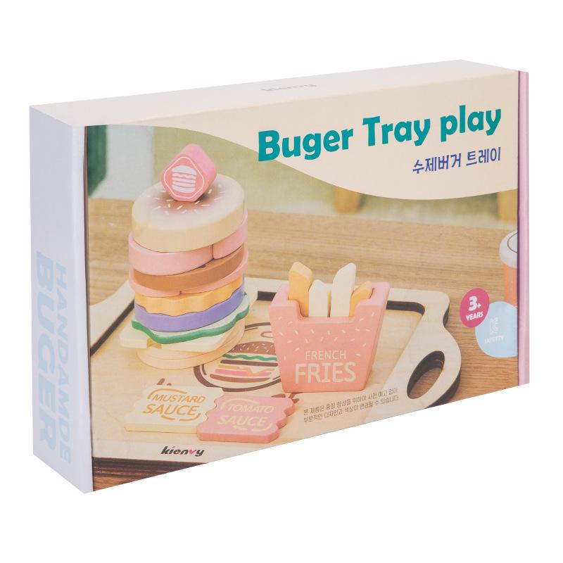 Kids Wooden Play Kitchen Set: Hamburger, Fries & Sandwich Building Blocks