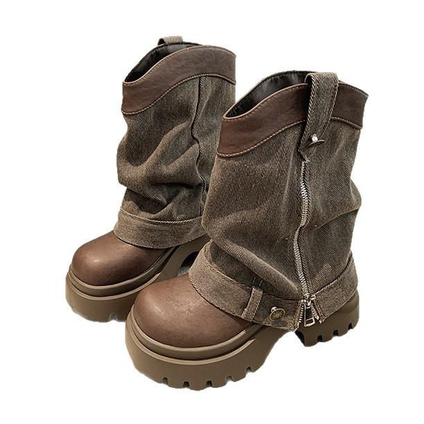 [Fanfna] European denim pants short boots women's 2025 autumn new retro thick-soled heightening stacking boots