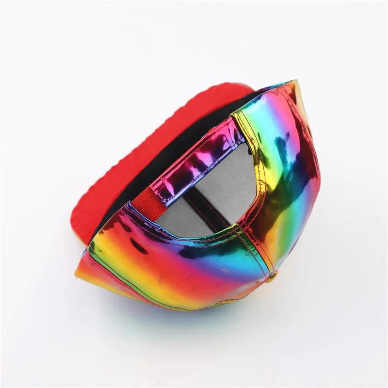New Fashion Unisex Faux Leather Baseball Cap Men Hip Hop Adjustable Strapback Peaked Hats Outdoor Rainbow Reflective Dad Hat
