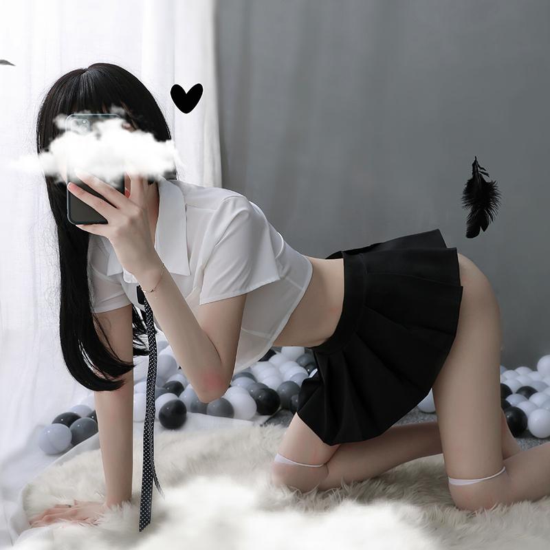 Sexy Underwear British Plaid Sexy Perspective White Shirt Bow Uniform Set