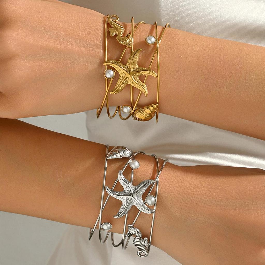 Stainless Steel Marine Seashell & Seahorse Cuff Bracelet - Beach Vacation Style