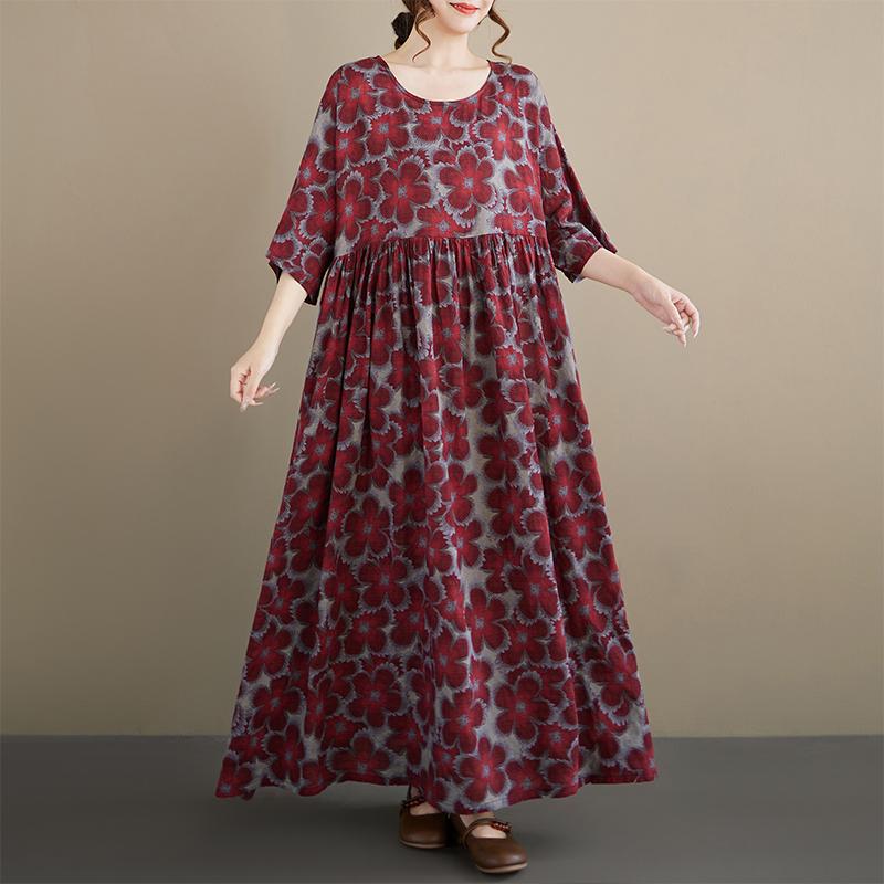 DIMANAF New 2026 Summer Beach Women Plus Size Vintage Lady Long Dress Red Loose Oversize Maxi Floral Print Cotton