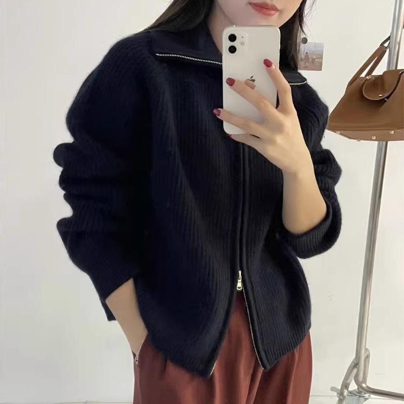 

Autumn and winter lapel loose soft waxy splicing sweater women s new high-end long-sleeved knitted cardigan jacket women average size [85-130] чёрный