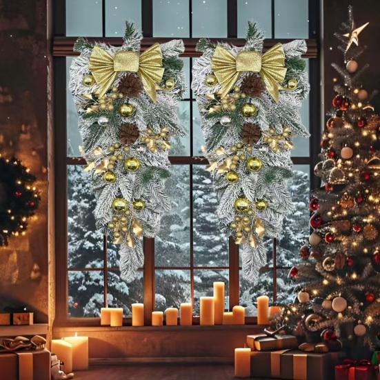 Yousheng Christmas Staircase Wreath Garland Bow Front Door Hanging Garden Xmas Tree Pendant Party New Year Home Decoration