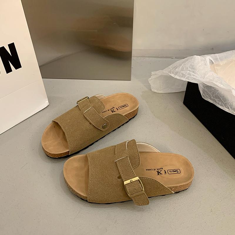 Summer New Sandals Women Round Head Open Toe Suede Metal Buckle Anti-slip Wear-resistant Flat Slippers