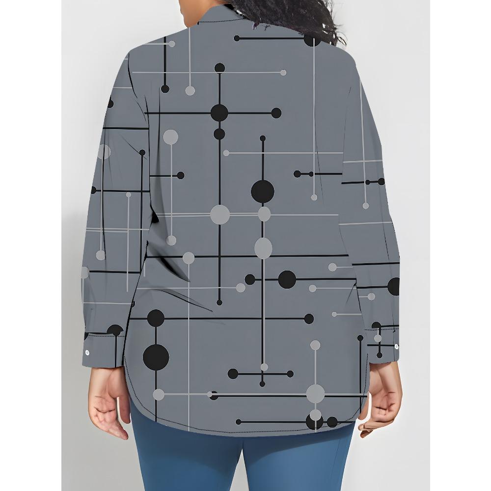 Large Size Women's Long-sleeved Shirt, Geometric Loose Print Shirt