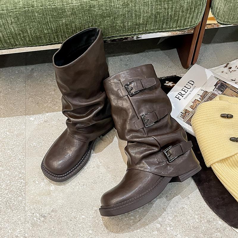 Thick-soled belt buckle pleated medium boots women's 2025 autumn and summer new western cowboy short boots Martin boots pant tube boots