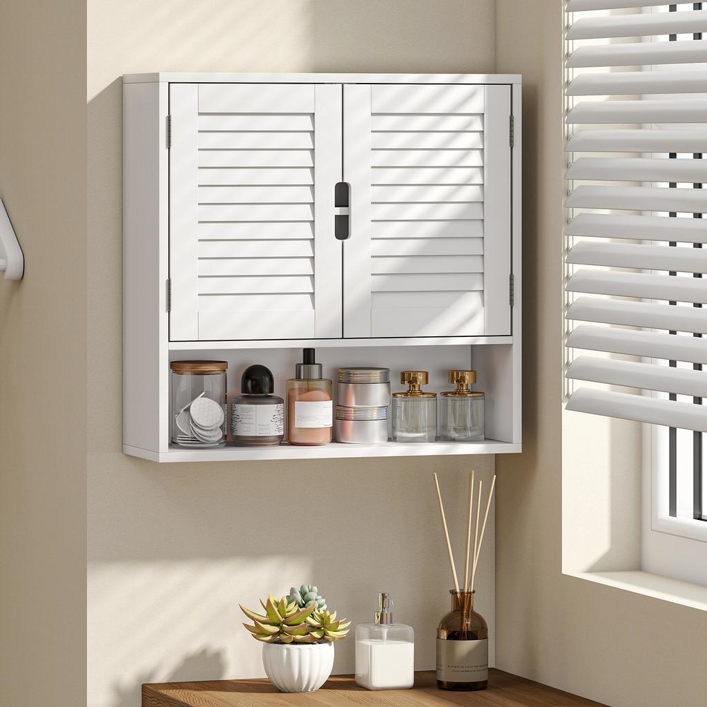Bathroom Wall Cabinet, Slatted Door, Adjustable Shelf, Open Compartment, 60 x 20 x 60 cm, White