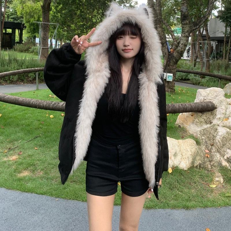 Black fur collar padded seat mountain carving cat ear jacket men's and women's autumn and winter thickened couple's cotton-padded clothes cotton-padde