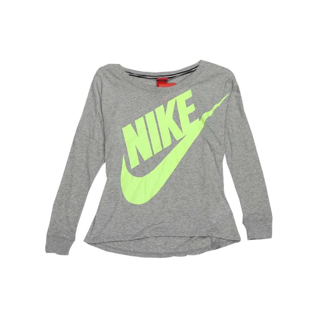 Nike Swoosh Boat Neck Fluorescent Print Large Logo Long Sleeve T-Shirt Women T-Shirts Gray 545464-064