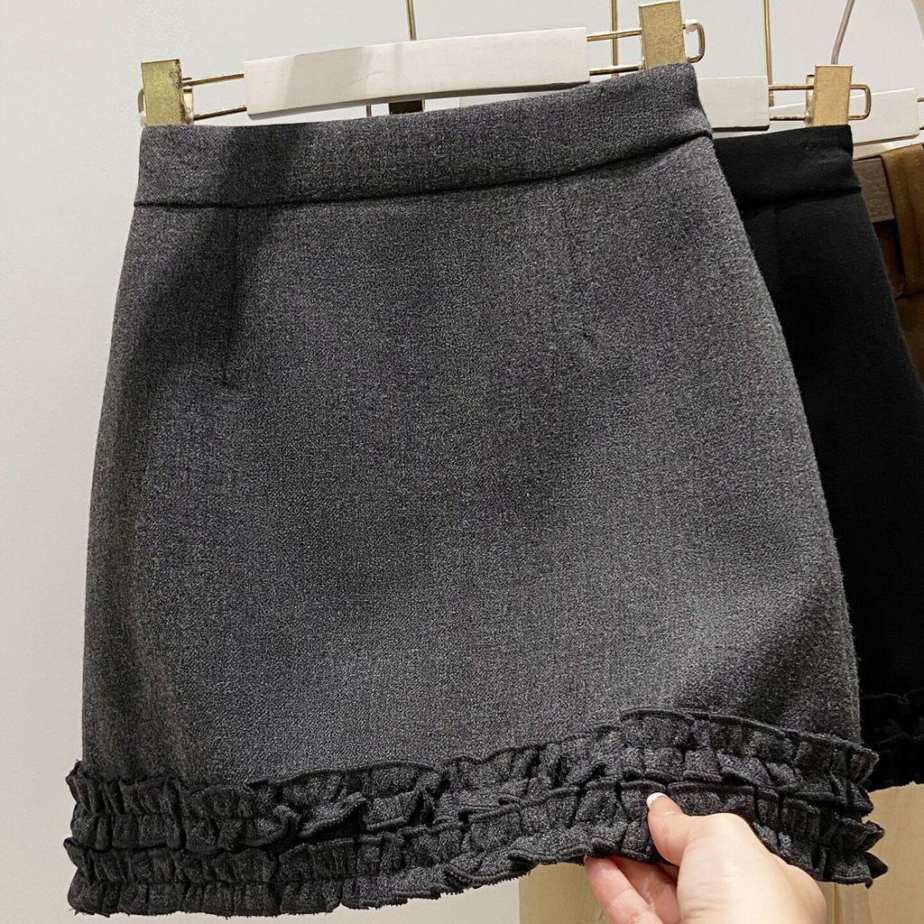 Women's College Style Wool Blend A-Line Skirt with Ear Trim, Thickened for Slimming Fit, Spring/Autumn, Plus Size