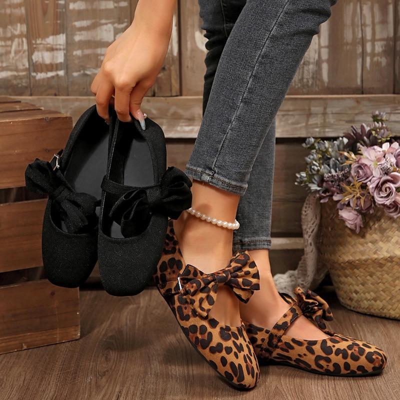 Fashion Square Toe Ballet Flats Women Buckle Casual Loafers Sweet Bow Comfortable Women's Shoes Autumn Leisure Leopard Women Flat Shoes